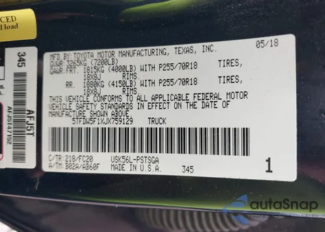 2018 Toyota Tundra Sr5 5.7L V8 z USA, uszkodzony, nr VIN 5TFDW5F1XJX759129